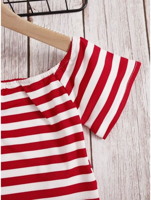 SHEIN Girls Striped Raglan Sleeve Tee & Star Print Bow Front Shorts