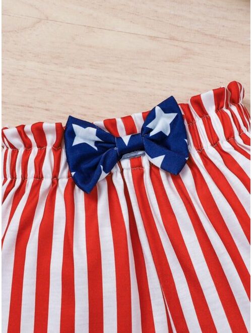 Shein Baby Star Print Cami Top & Striped Paperbag Waist Shorts & Headband