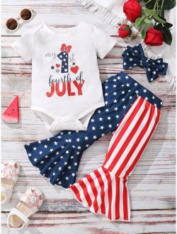 Baby Independence Day Print Bodysuit With Flare Leg Pants & Headband