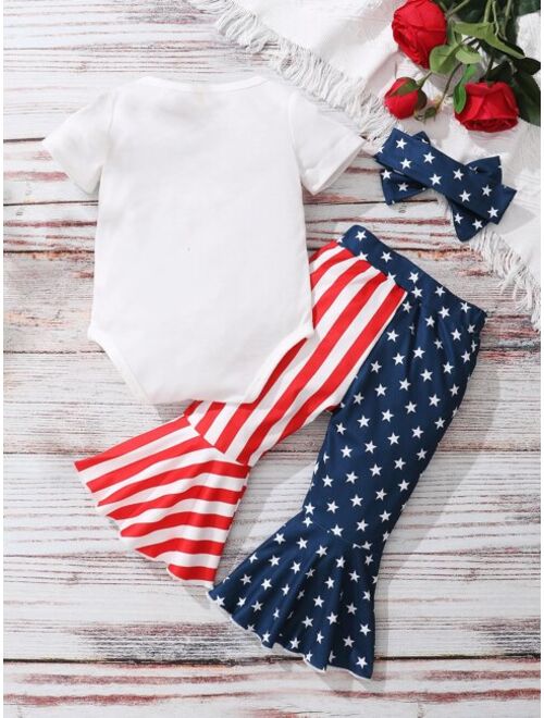 Shein Baby Independence Day Print Bodysuit With Flare Leg Pants & Headband