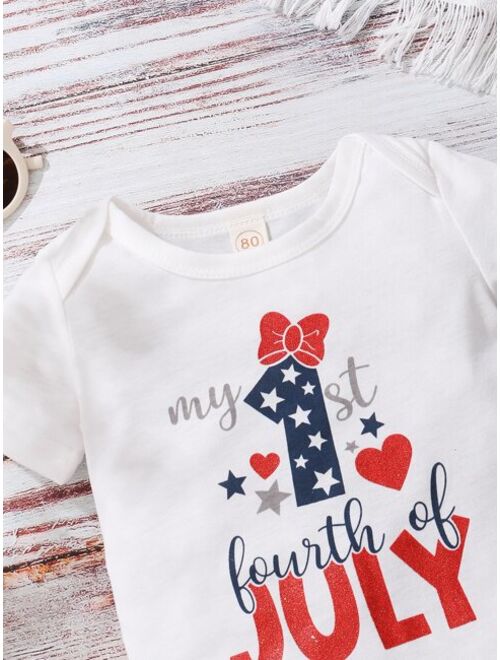 Shein Baby Independence Day Print Bodysuit With Flare Leg Pants & Headband