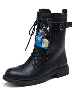 Vepose Women's Combat Boots Military Mid Calf Low Heel Strap Winter Bootie for Women