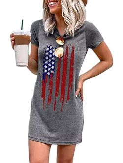 FCHICH American Flag Short Sleeve Mini Dress for Women 4th of July Patriotic T-Shirt Dress Stars Stripes Graphic Summer Dress
