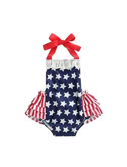 Yanglu 4th of July Baby Girl Outfit Romper American Flag Ruffle Onesie Sleeveless Pompom Jumpsuit Cute Summer Clothes
