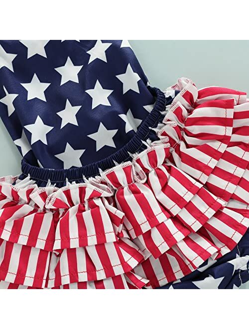Yanglu 4th of July Baby Girl Outfit Romper American Flag Ruffle Onesie Sleeveless Pompom Jumpsuit Cute Summer Clothes