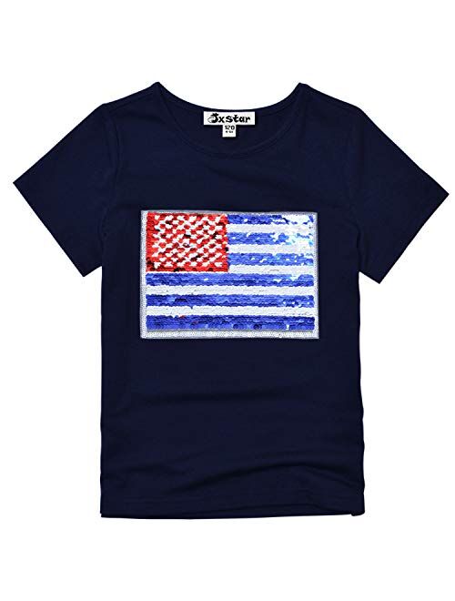 Jxstar Girls 4th July Shirts Flip Sequin American Flag T-Shirt Tops Short Sleeve Summer Clothes