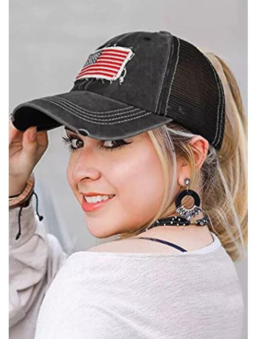 Pogah Distressed Ponytail Hat for Women American-Flag Pony Tail Caps High Bun
