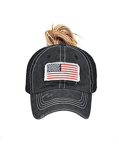 Pogah Distressed Ponytail Hat for Women American-Flag Pony Tail Caps High Bun