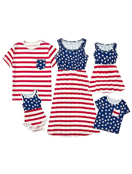 PopReal 4th of July Matching Family Outfits American Flag Mommy and Me Dresses Women Boy Girl Shirts Baby Romper