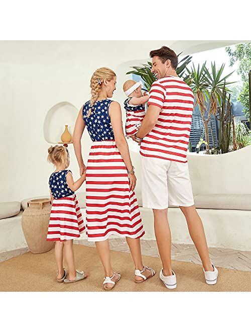 PopReal 4th of July Matching Family Outfits American Flag Mommy and Me Dresses Women Boy Girl Shirts Baby Romper
