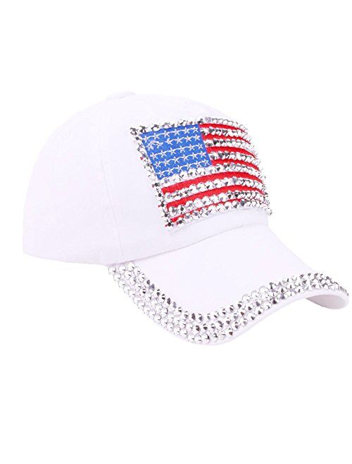 CRUOXIBB USA Bling Baseball Cap Sparkle American Flag Hat for Men Women Hip Hop Caps