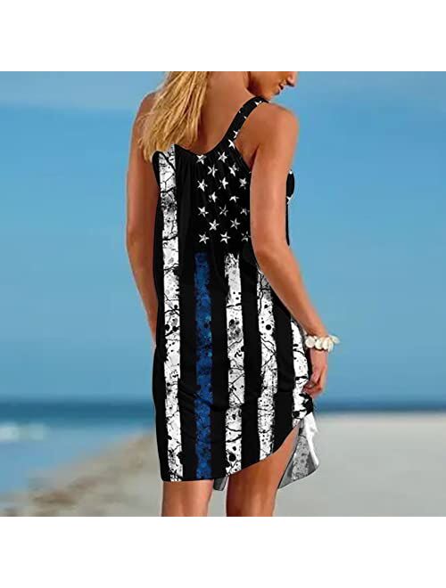 YOKWI Patriotic USA Flag Women Tank Dress 4Th of July Independence Day Beach Sundress Tie Dye Summer Sleeveless Loose Dress