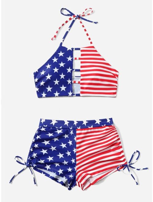 Shein American Flag Print Cut Out Drawstring Halter Bikini Swimsuit