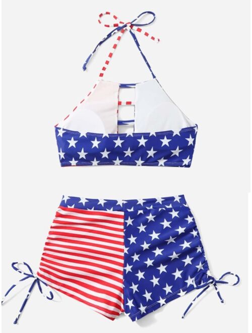 Shein American Flag Print Cut Out Drawstring Halter Bikini Swimsuit