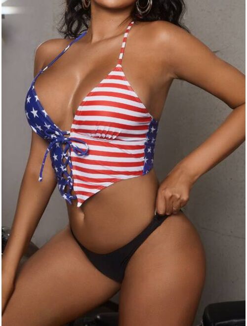 Shein American Flag Print Lace Up Front Tie Back Halter Bikini Swimsuit