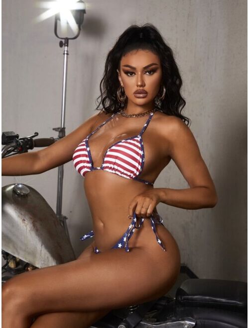 Shein American Flag Contrast Binding Halter Triangle Bikini Swimsuit