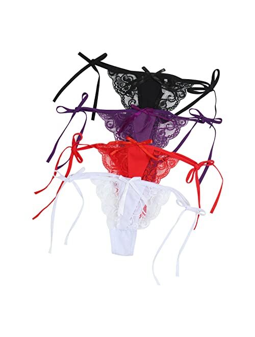 N\\A 8 Pack Women Sexy Lace Thong Bowknot Ribbons Side Tie Adjustable Lace G-string Thong Cute Panties