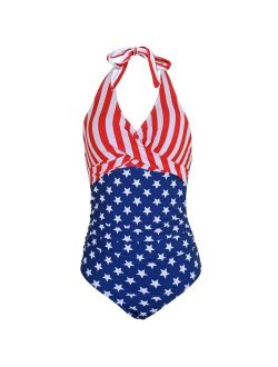 Taiziyeah Women Swimsuit Swimwear American Flag One Piece Sets Bathing Suit Straps Halter Soft S