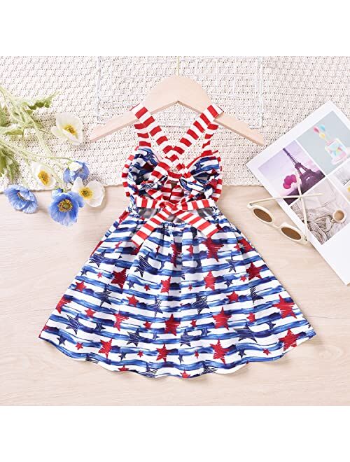 Noubeau 4th of July Toddler Baby Girl Outfits Bow Halter Dress Backless Dresses Star Stripes Patriotic Summer Clothes