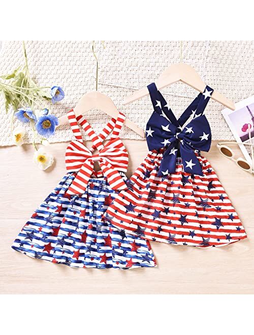 Noubeau 4th of July Toddler Baby Girl Outfits Bow Halter Dress Backless Dresses Star Stripes Patriotic Summer Clothes