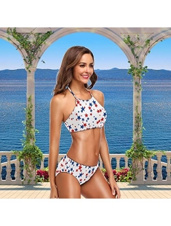 Naanle Women's American Flag Stars 2 Pcs High Waist Halter Swimsuit Bikini Set
