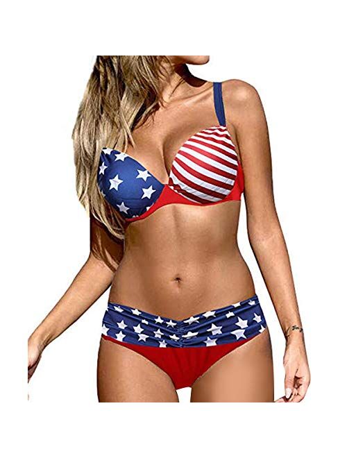 Loel&Reg LOEL Fashion Sexy Lady Padded Athletic Two-Piece USA American Flag Fringe Tassel Swimsuits