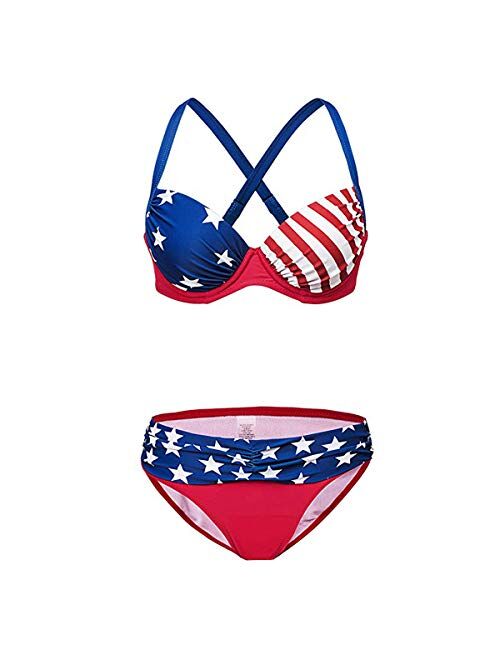 Loel&Reg LOEL Fashion Sexy Lady Padded Athletic Two-Piece USA American Flag Fringe Tassel Swimsuits