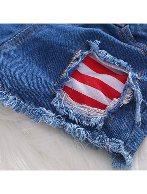 Ammengbei 4th of July Toddler Baby Girls Independence Day Outfit Stars Stripe Ruffle Crop Tops+Denim Shorts 2PCS Patriotic Set