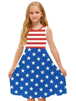 BesserBay Girl's Fourth of July American Flag Dress Stars Stripes Swing Midi Tank Dress 4-14 Years