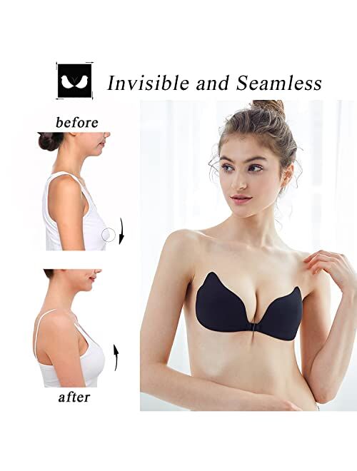 Afinniee 2 Pairs Sticky Bra Backless Strapless Push up Bras for Women, Adhesive Invisible Lift Bra for Large Breasts