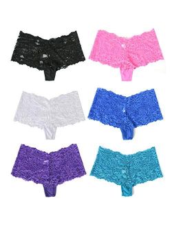 Agdoizry 6 Pack Women's Hipster Lace Trim Boyshort Underwear Panties Sheer Plus Size
