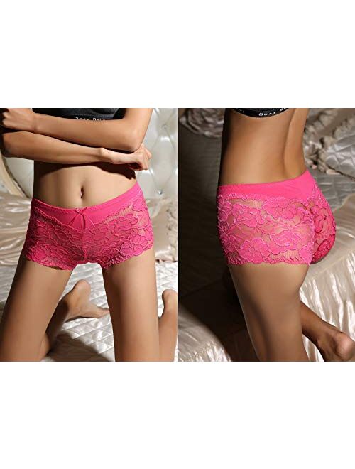 Yaoking Women's Underwear Regular & Plus Size Panties Sexy Lace Boyshort Hipster Cheeky Panty- 6 Pack