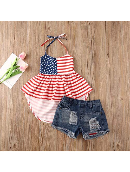 Noubeau 4th of July Toddler Girl Outfit American Flag Halter Top Girls Ripped Jeans Denim Shorts Baby Girl Summer Clothes