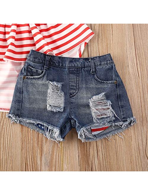 Noubeau 4th of July Toddler Girl Outfit American Flag Halter Top Girls Ripped Jeans Denim Shorts Baby Girl Summer Clothes