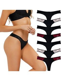 LYYTHAVON 7 Pack Thongs for Women, Lace Stretchy Spandex Nylon Underwear