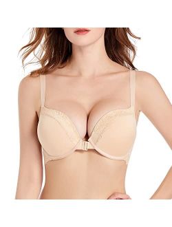 Amabobo Women's Push Up Front Closure Bra Plunge Racerback Underwire Lace Bras Add 2 Cup