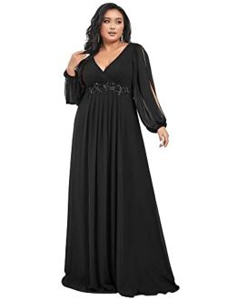 Plus Women's Maxi V Neck Long Slit Sleeves Floral Applique Formal Evening Dress Plus Size 00461
