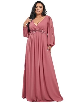 Plus Women's Maxi V Neck Long Slit Sleeves Floral Applique Formal Evening Dress Plus Size 00461