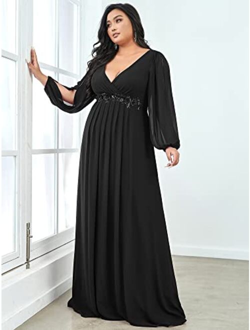 Ever-Pretty Plus Women's Maxi V Neck Long Slit Sleeves Floral Applique Formal Evening Dress Plus Size 00461