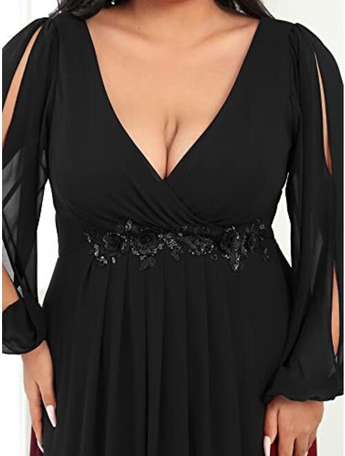 Ever-Pretty Plus Women's Maxi V Neck Long Slit Sleeves Floral Applique Formal Evening Dress Plus Size 00461