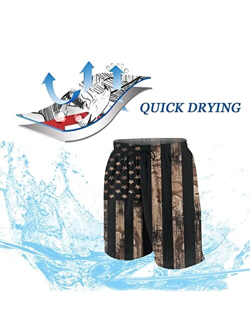 SDFGE Mens American Flag Camouflage Swim Trunks Patriotic Quick Dry Summer Beach Shorts with Mesh Lining and Pockets