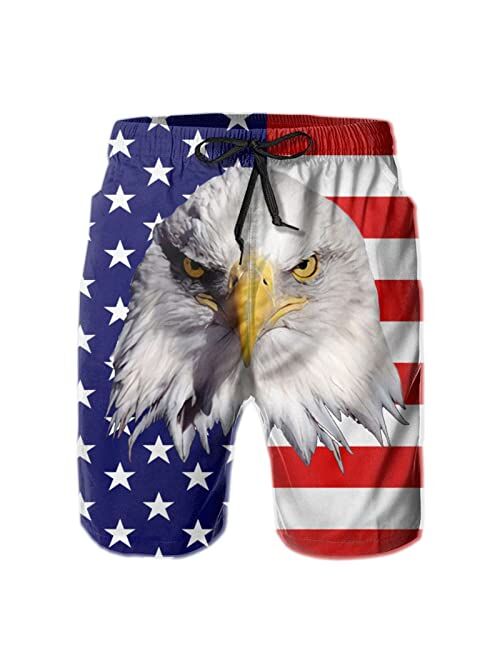 SDFGE Mens American Flag Eagle Swim Trunks Patriotic Quick Dry Summer Beach Shorts with Mesh Lining and Pockets