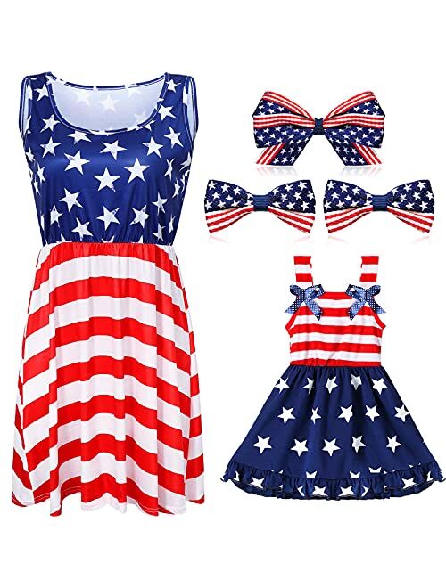 Geyoga 2 Pieces 4th of July American Flag Mother and Me Matching Clothes Girl 4th of July Outfits Skirt and 3 Pieces American Flag Hair Clips Women July 4th American Flag