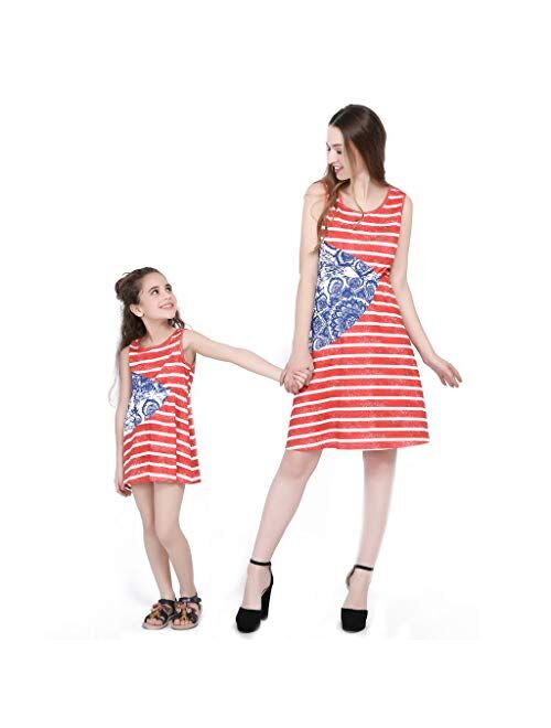 Kehen- Parent-Child Shirt Dress Family 4th of July Outfits Mommy and Me Matching Clothes Sleeveless Striped Dresses