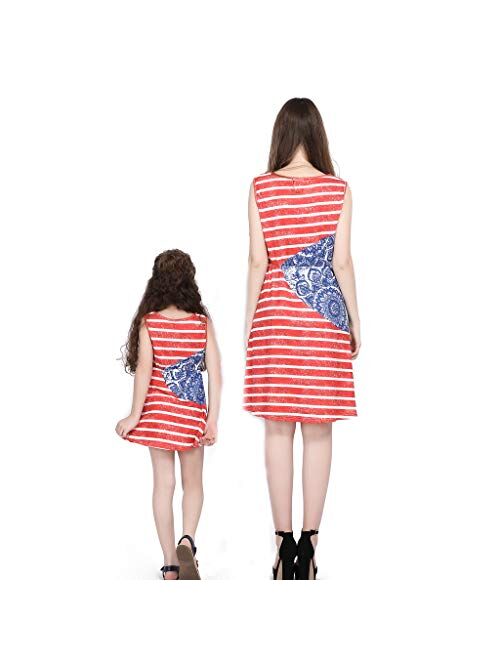 Kehen- Parent-Child Shirt Dress Family 4th of July Outfits Mommy and Me Matching Clothes Sleeveless Striped Dresses