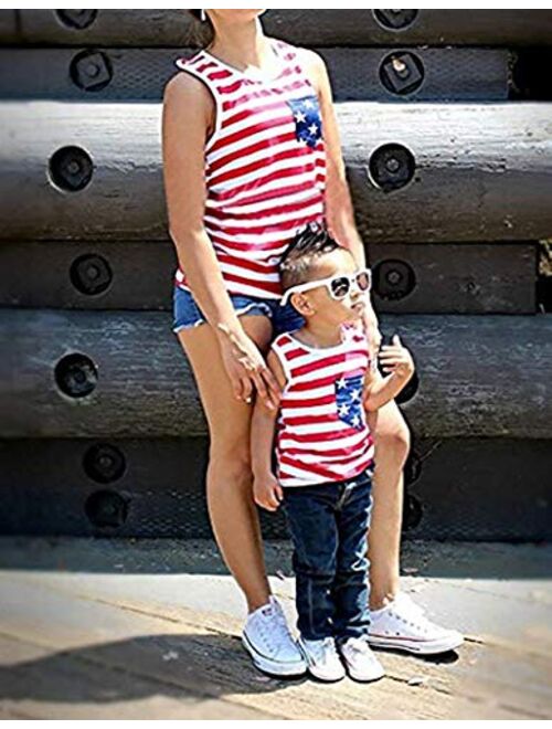 Noubeau 4th of July Mommy and Me American Flag Striped Stars Tank Tops Cami Vest Sleeveless Shirts