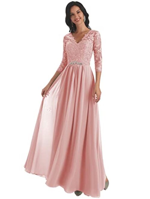 Yorformals Women's V-Neck Lace Appliques Chiffon Mother of The Bride Dress with Sleeves Long Evening Formal Dress