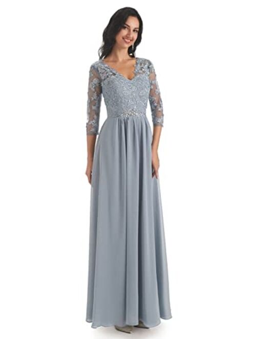 Yorformals Women's V-Neck Lace Appliques Chiffon Mother of The Bride Dress with Sleeves Long Evening Formal Dress