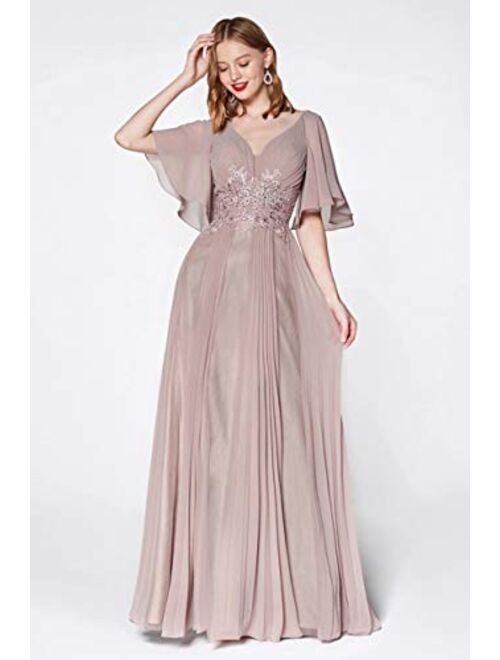 Vici Gowner V Neck Lace Appliqued Mother of The Bride Dress with Short Sleeves Long Formal Evening Gowns