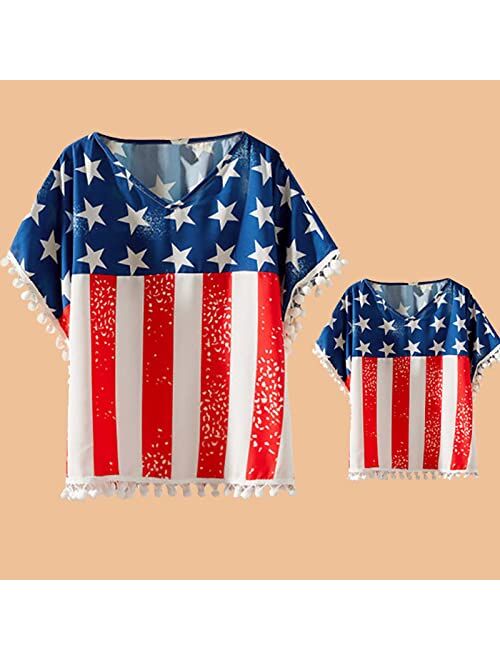 OLOPE Mommy and Me 4th of July American Flag Print T-Shirt Family Matching Flag Print Cute Tops for Women Parent-Child Matc
